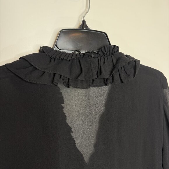 DKNY Black Silk Ruffle Front Blouse Size 6 Sheer Long Sleeve Top - Picture 9 of 12
